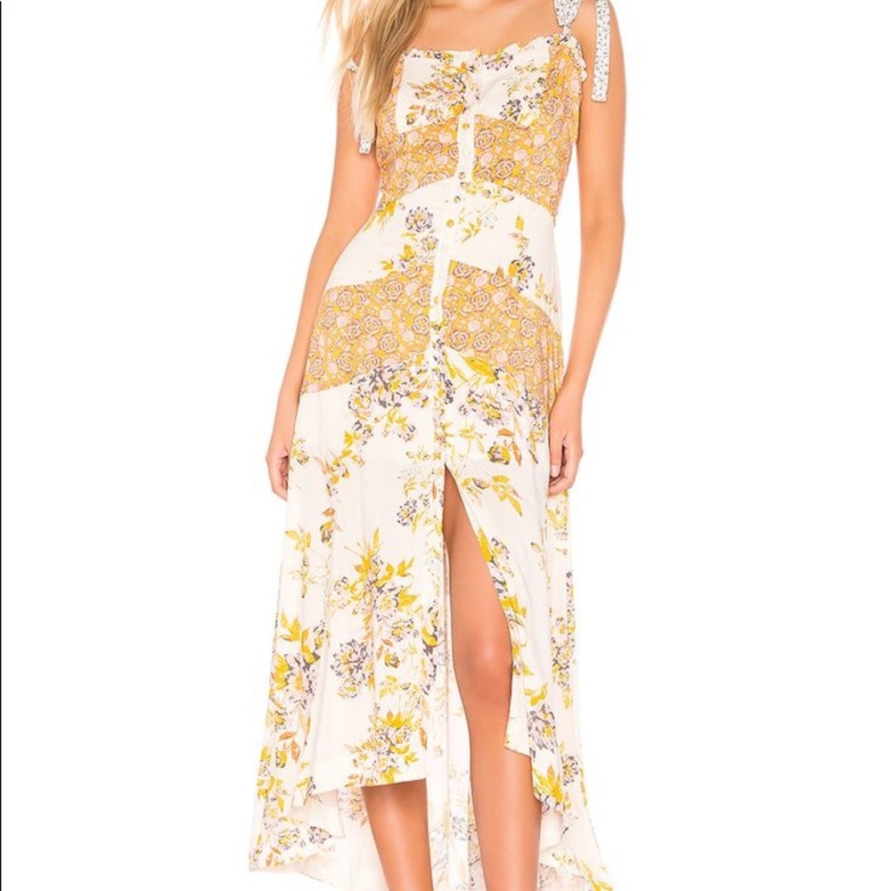 Free People White and Yellow Floral Tie-Shoulder Button Front Maxi Dress